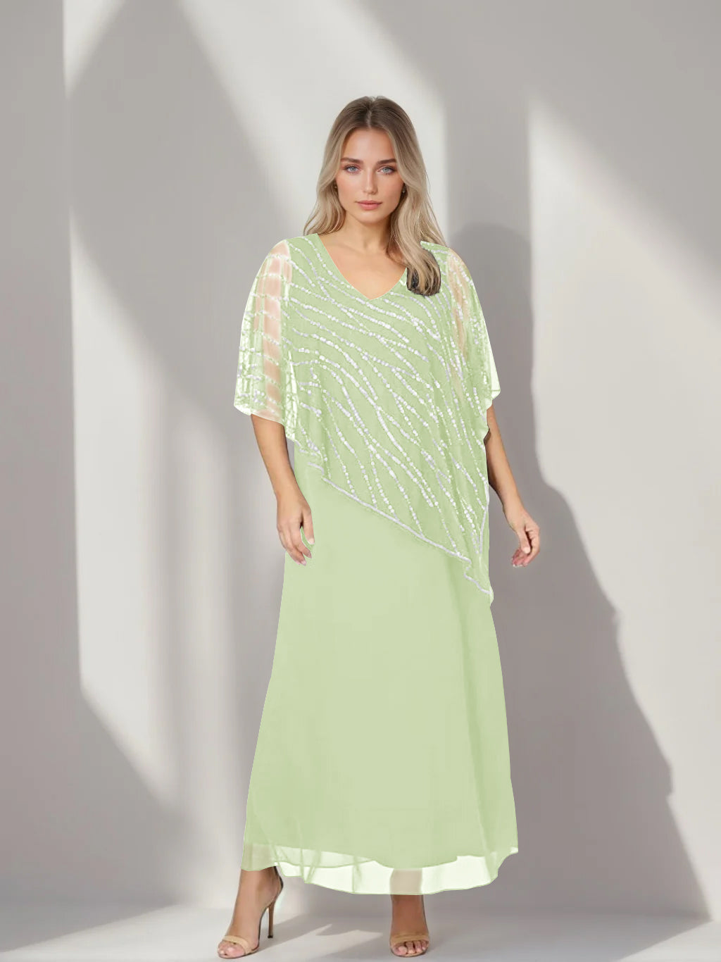 A-Line/Princess V-Neck Half Sleeves Ankle-Length Plus Size Mother of the Bride Dresses with Asymmetrical Cape Popover - 이미지 9