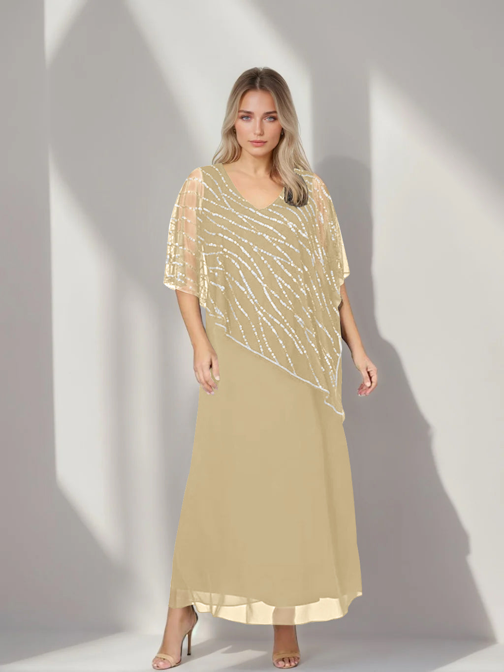 A-Line/Princess V-Neck Half Sleeves Ankle-Length Plus Size Mother of the Bride Dresses with Asymmetrical Cape Popover - 이미지 10