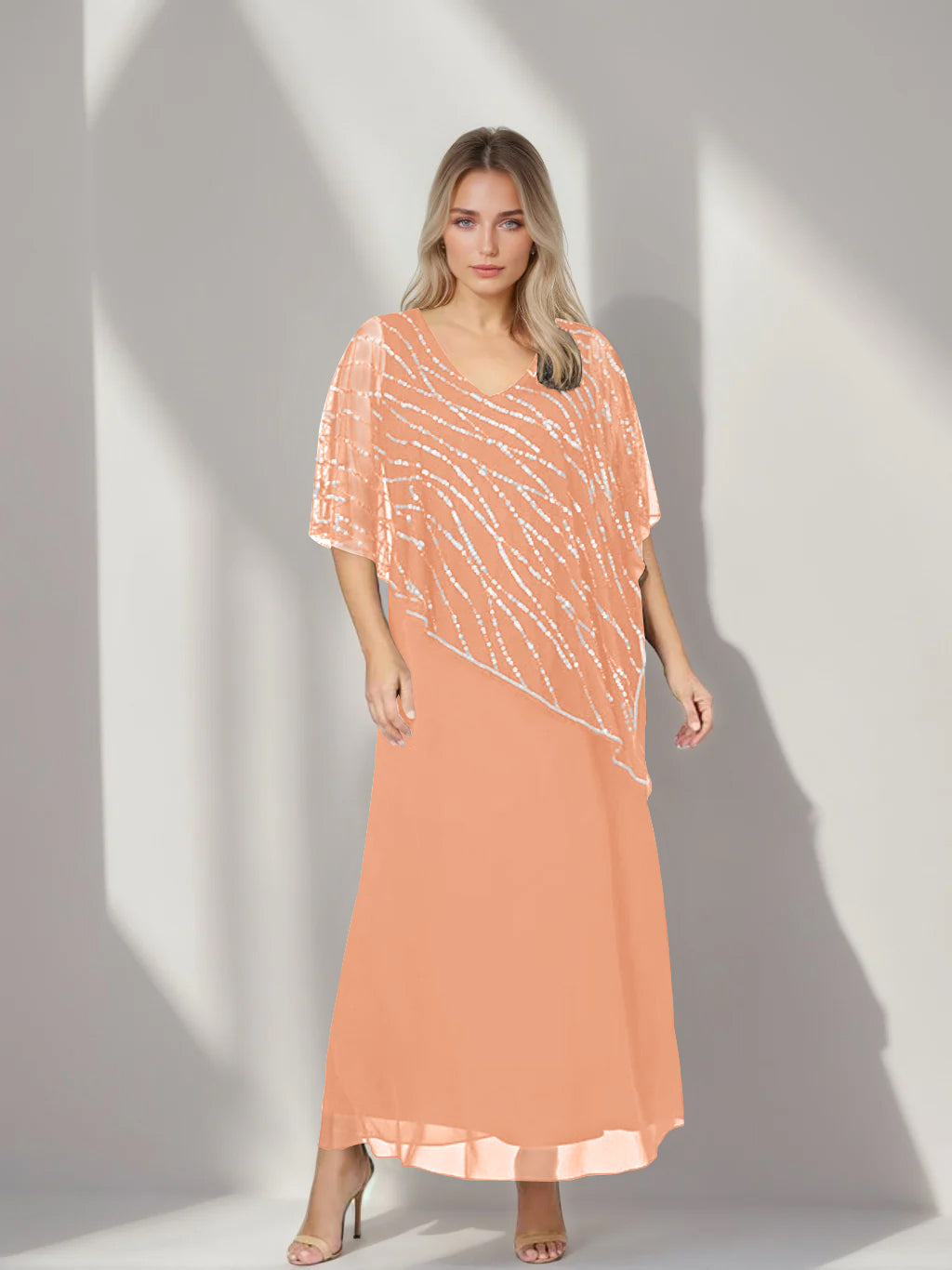 A-Line/Princess V-Neck Half Sleeves Ankle-Length Plus Size Mother of the Bride Dresses with Asymmetrical Cape Popover - 이미지 13