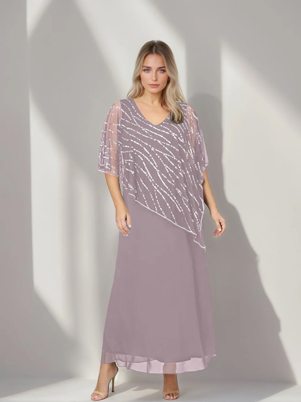 A-Line/Princess V-Neck Half Sleeves Ankle-Length Plus Size Mother of the Bride Dresses with Asymmetrical Cape Popover - 이미지 17