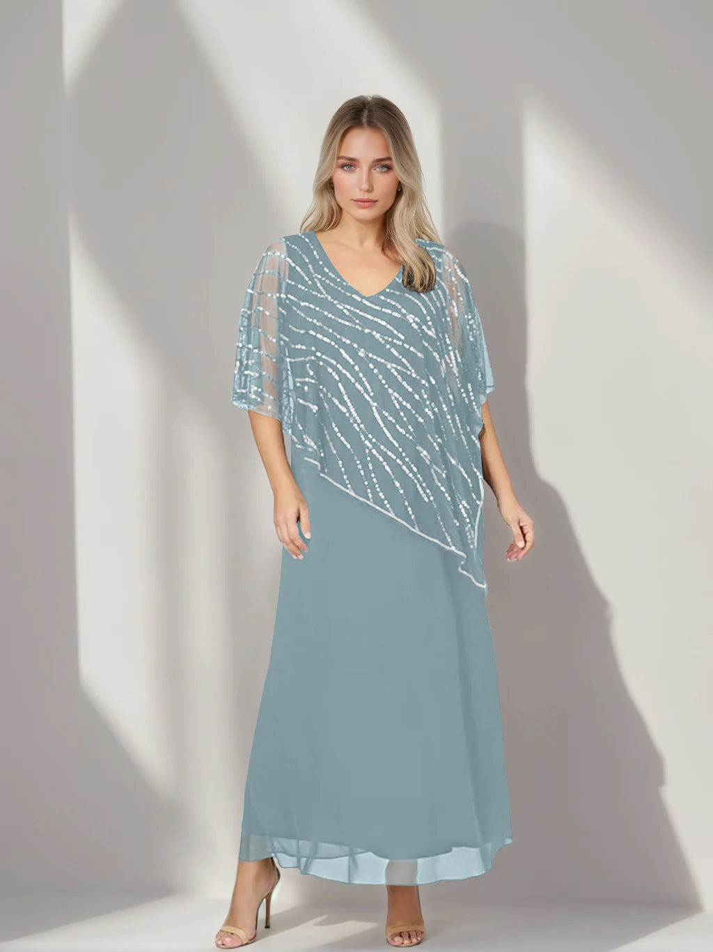 A-Line/Princess V-Neck Half Sleeves Ankle-Length Plus Size Mother of the Bride Dresses with Asymmetrical Cape Popover - 이미지 18