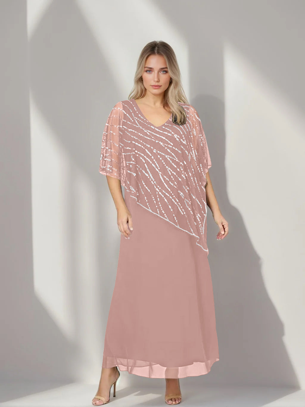 A-Line/Princess V-Neck Half Sleeves Ankle-Length Plus Size Mother of the Bride Dresses with Asymmetrical Cape Popover - 이미지 19