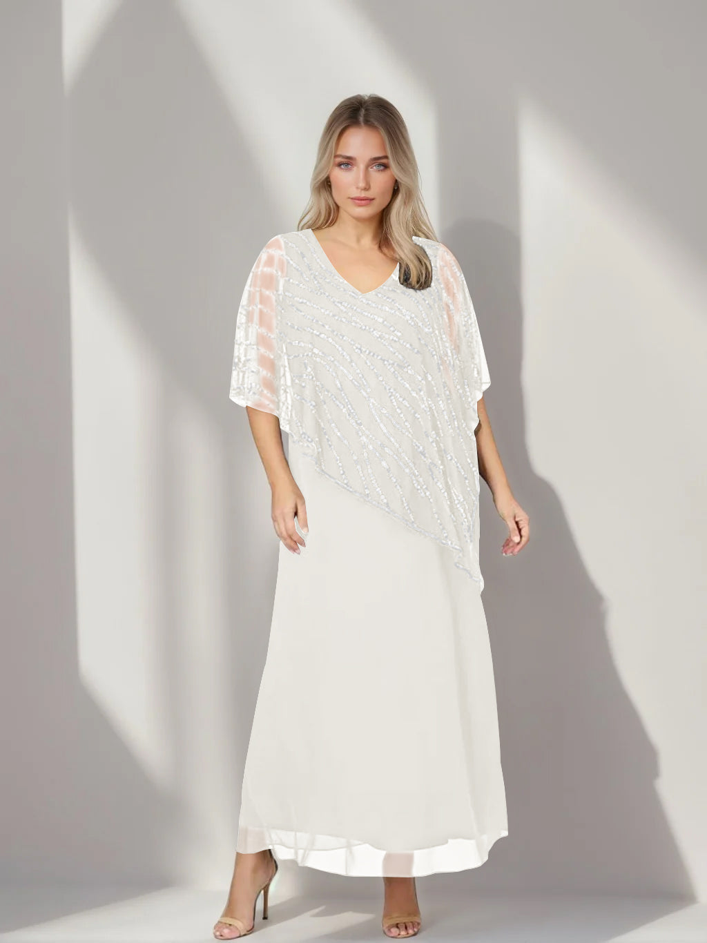 A-Line/Princess V-Neck Half Sleeves Ankle-Length Plus Size Mother of the Bride Dresses with Asymmetrical Cape Popover - 이미지 26