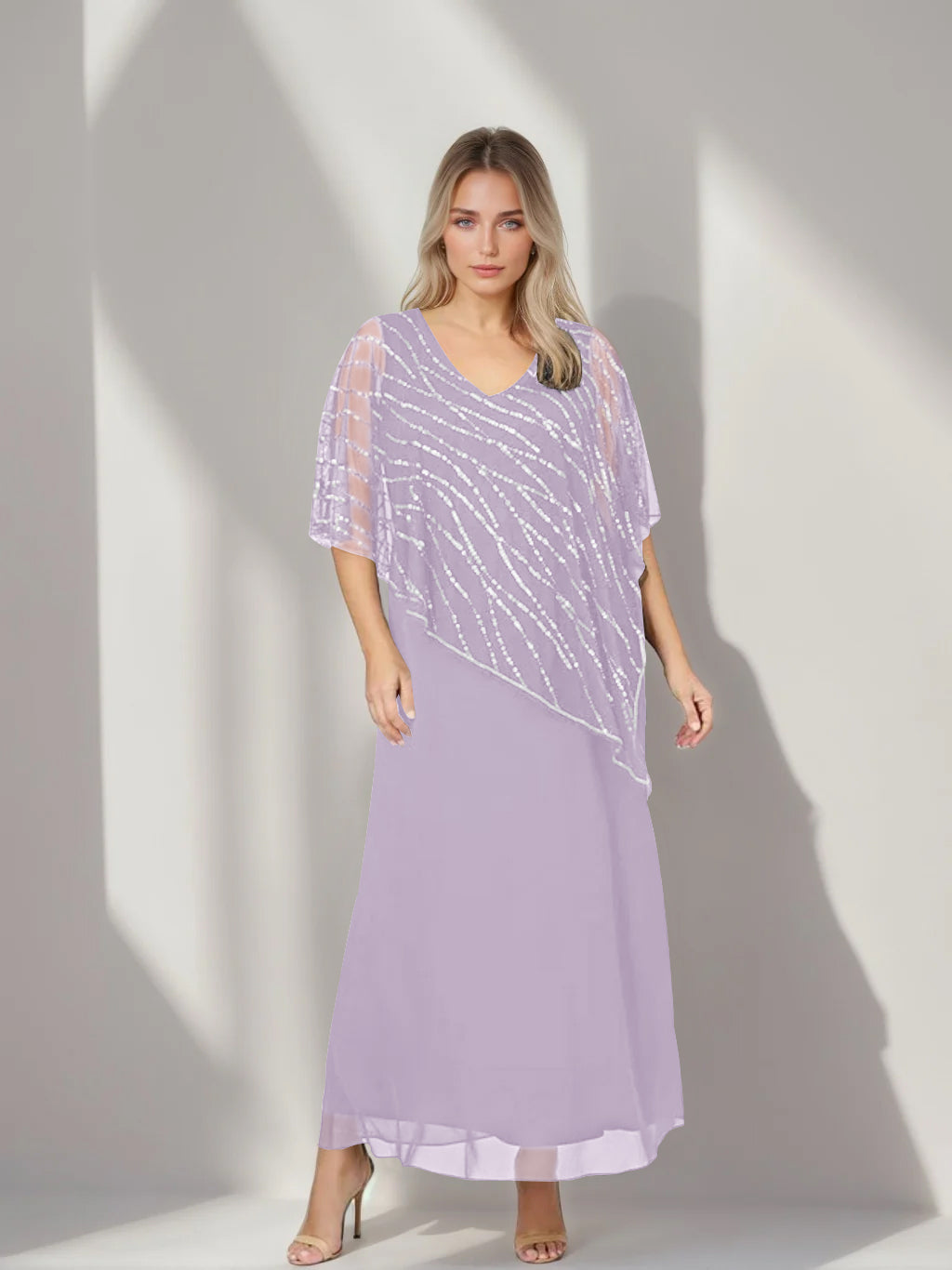 A-Line/Princess V-Neck Half Sleeves Ankle-Length Plus Size Mother of the Bride Dresses with Asymmetrical Cape Popover - 이미지 29