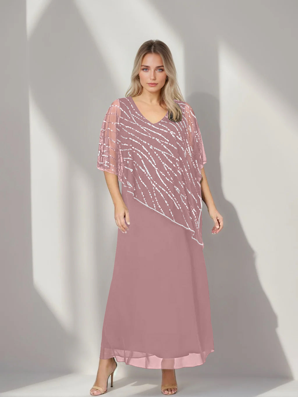 A-Line/Princess V-Neck Half Sleeves Ankle-Length Plus Size Mother of the Bride Dresses with Asymmetrical Cape Popover - 이미지 30
