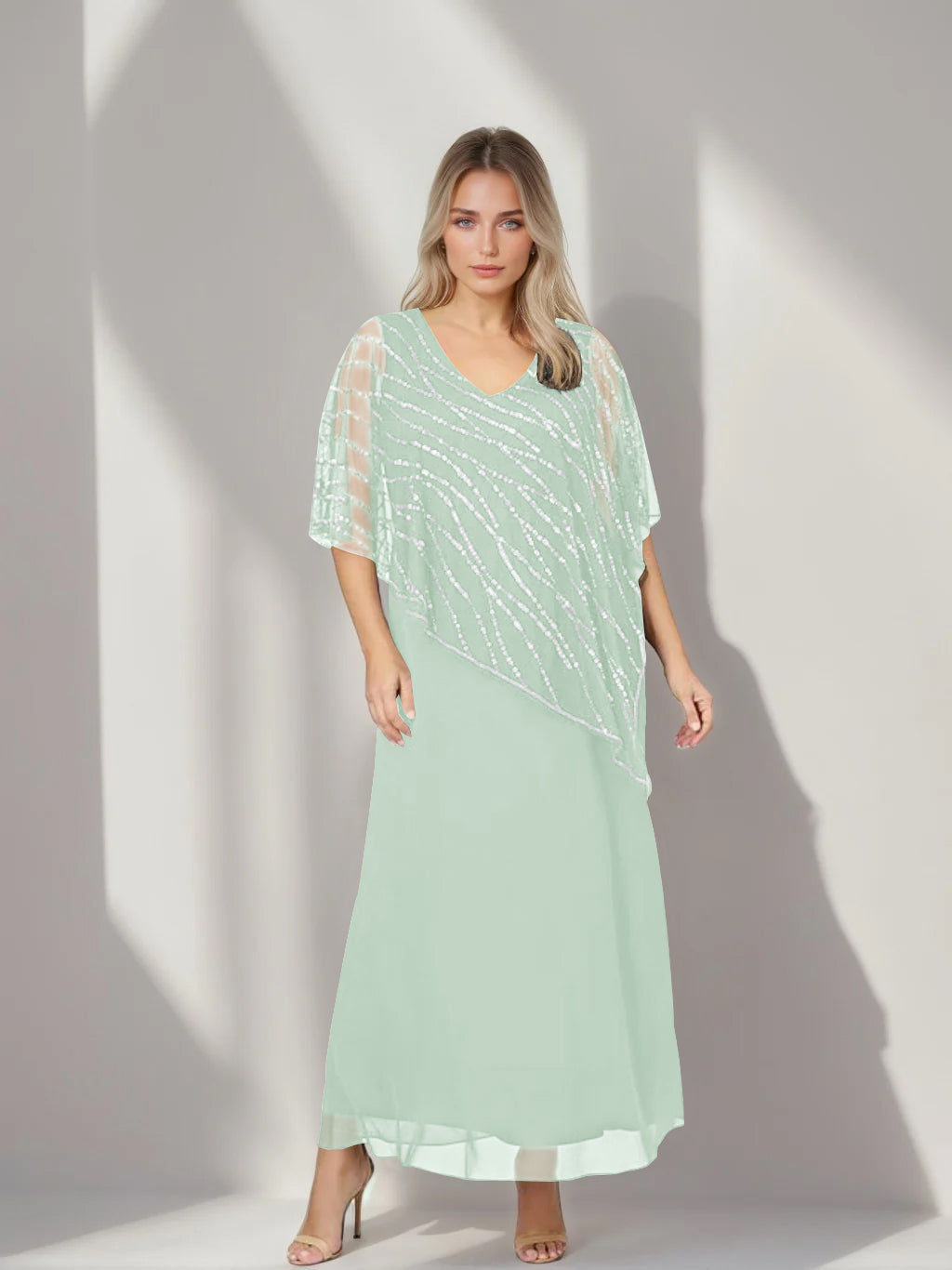 A-Line/Princess V-Neck Half Sleeves Ankle-Length Plus Size Mother of the Bride Dresses with Asymmetrical Cape Popover - 이미지 31