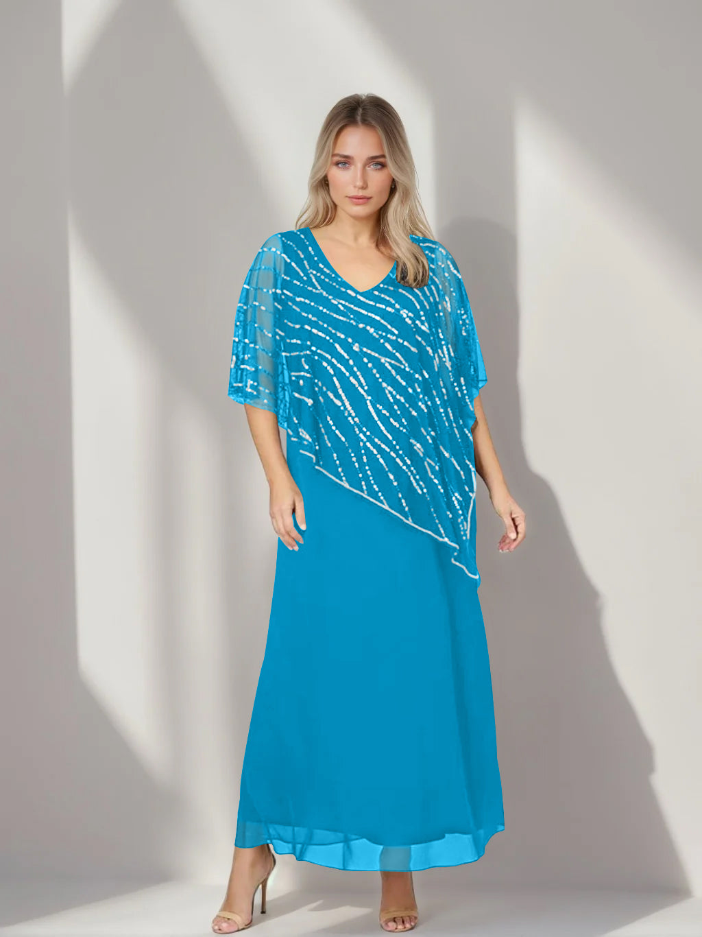 A-Line/Princess V-Neck Half Sleeves Ankle-Length Plus Size Mother of the Bride Dresses with Asymmetrical Cape Popover - 이미지 34