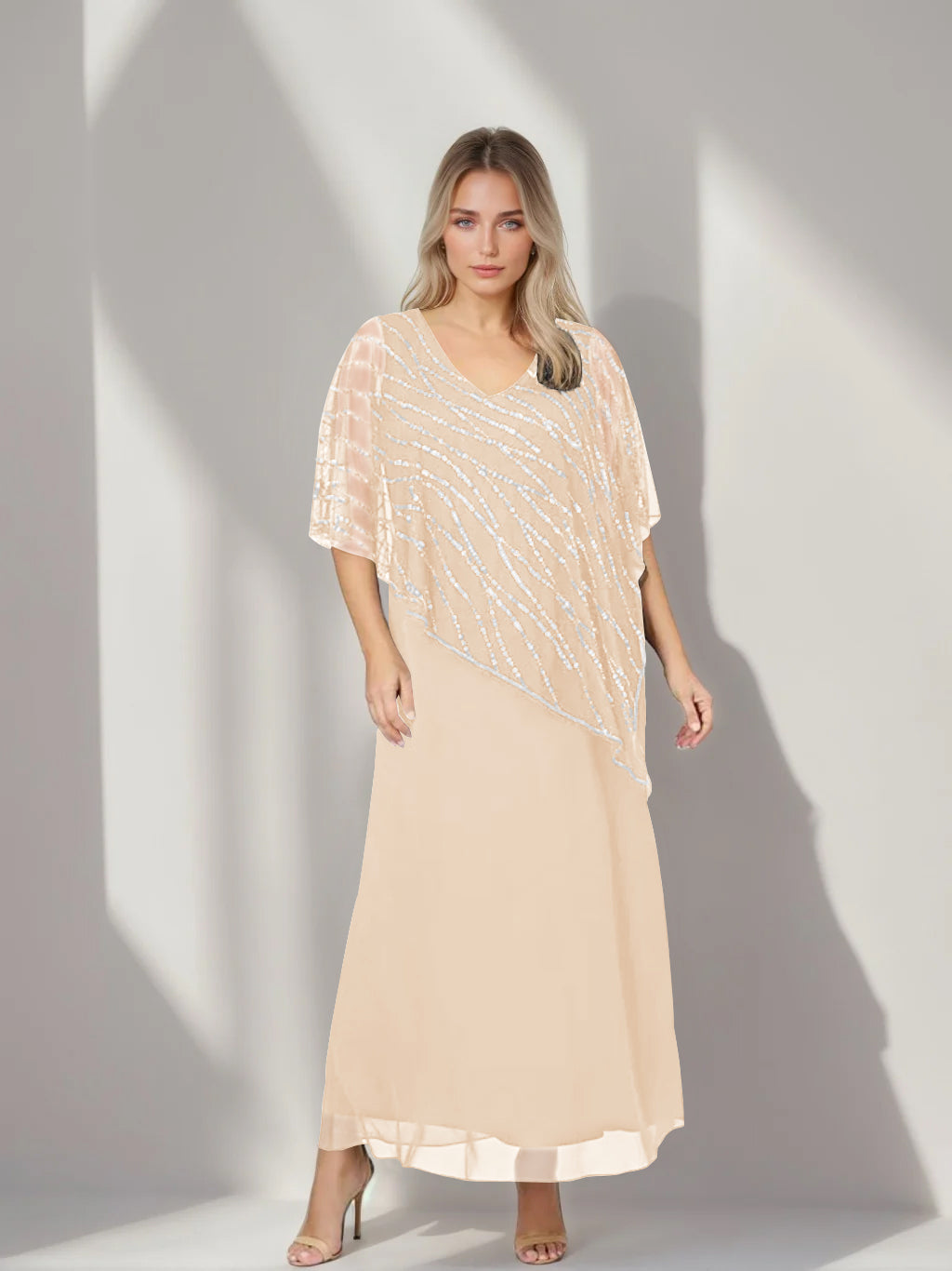 A-Line/Princess V-Neck Half Sleeves Ankle-Length Plus Size Mother of the Bride Dresses with Asymmetrical Cape Popover - 이미지 38