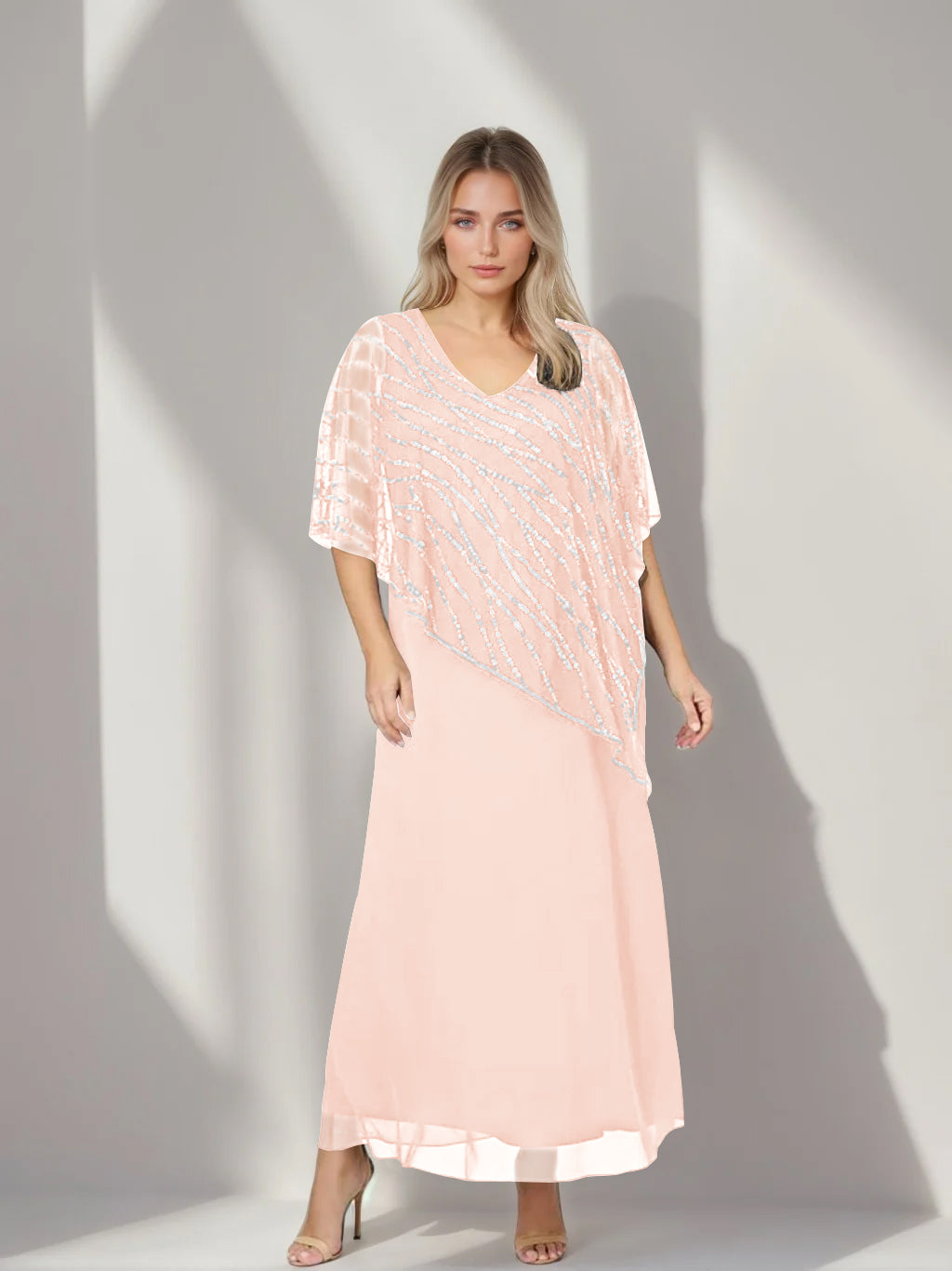 A-Line/Princess V-Neck Half Sleeves Ankle-Length Plus Size Mother of the Bride Dresses with Asymmetrical Cape Popover - 이미지 39