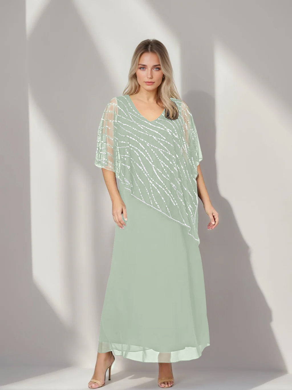 A-Line/Princess V-Neck Half Sleeves Ankle-Length Plus Size Mother of the Bride Dresses with Asymmetrical Cape Popover - 이미지 45