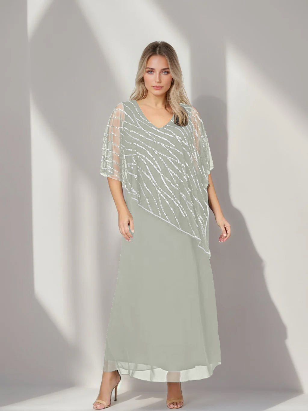 A-Line/Princess V-Neck Half Sleeves Ankle-Length Plus Size Mother of the Bride Dresses with Asymmetrical Cape Popover - 이미지 46