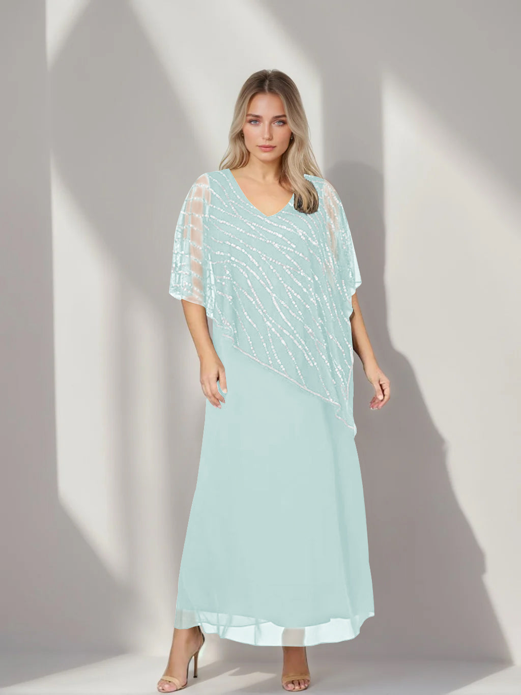 A-Line/Princess V-Neck Half Sleeves Ankle-Length Plus Size Mother of the Bride Dresses with Asymmetrical Cape Popover - 이미지 47