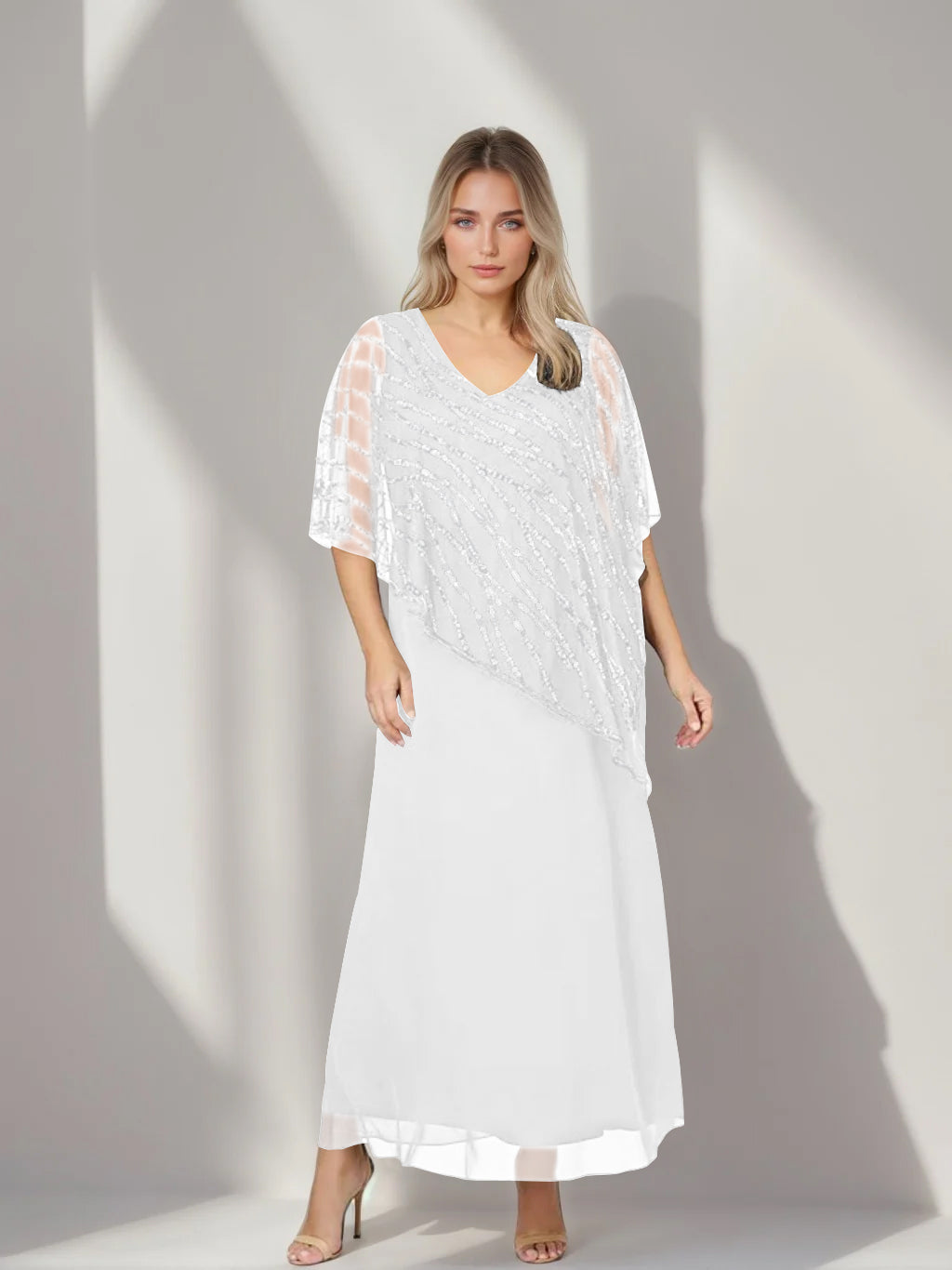 A-Line/Princess V-Neck Half Sleeves Ankle-Length Plus Size Mother of the Bride Dresses with Asymmetrical Cape Popover - 이미지 53