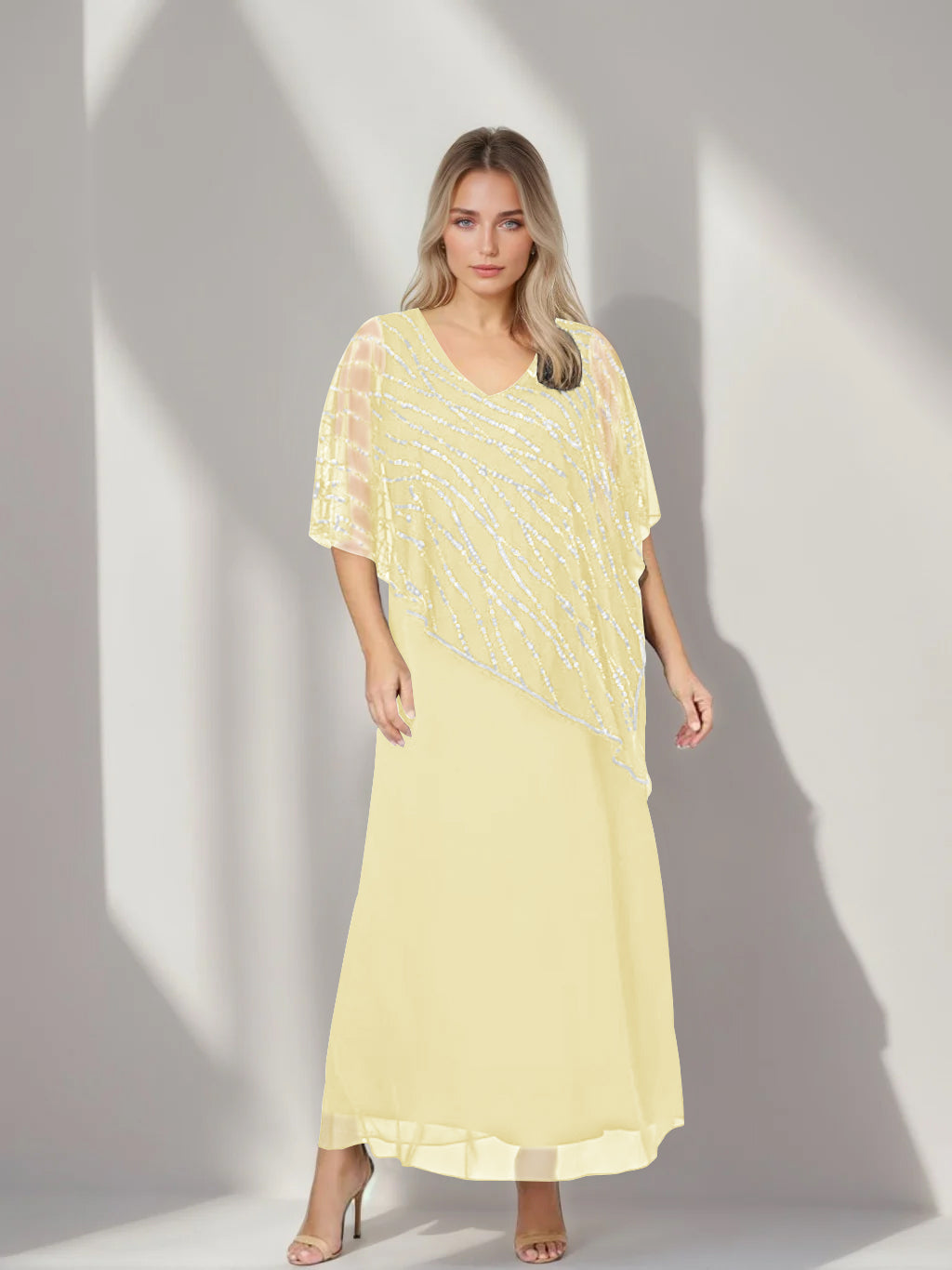 A-Line/Princess V-Neck Half Sleeves Ankle-Length Plus Size Mother of the Bride Dresses with Asymmetrical Cape Popover - 이미지 56
