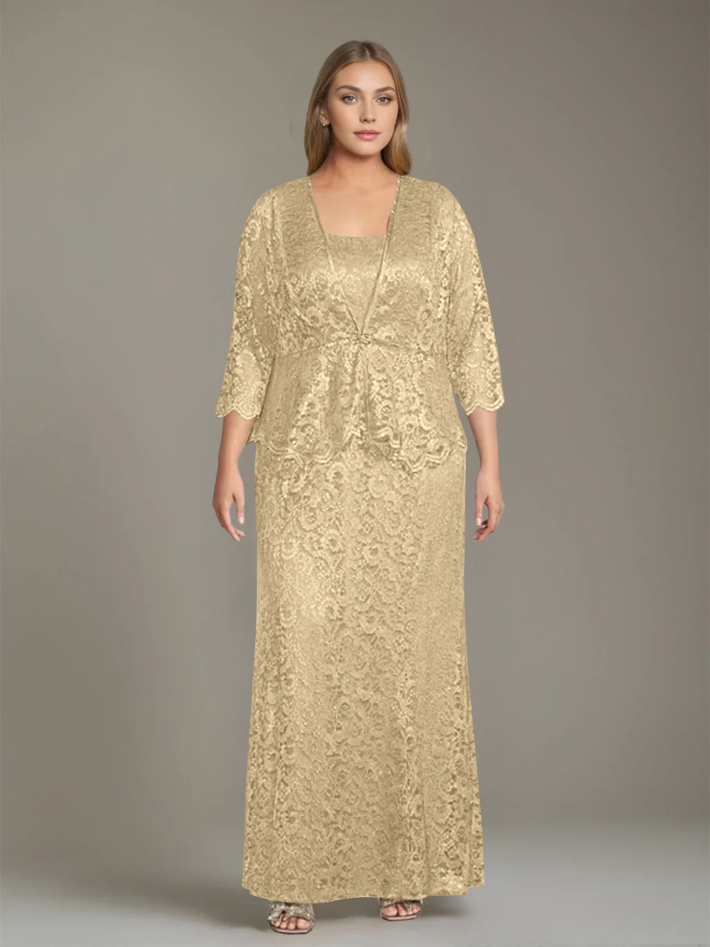 Sheath/Column Square Neck 3/4 Length Sleeves Floor-Length 2 Pieces Plus Size Mother of the Bride Dresses with Jacket - 이미지 7