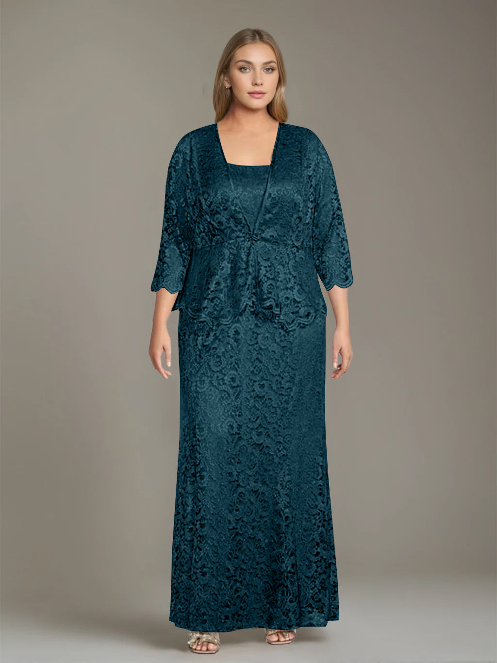 Sheath/Column Square Neck 3/4 Length Sleeves Floor-Length 2 Pieces Plus Size Mother of the Bride Dresses with Jacket - 이미지 42