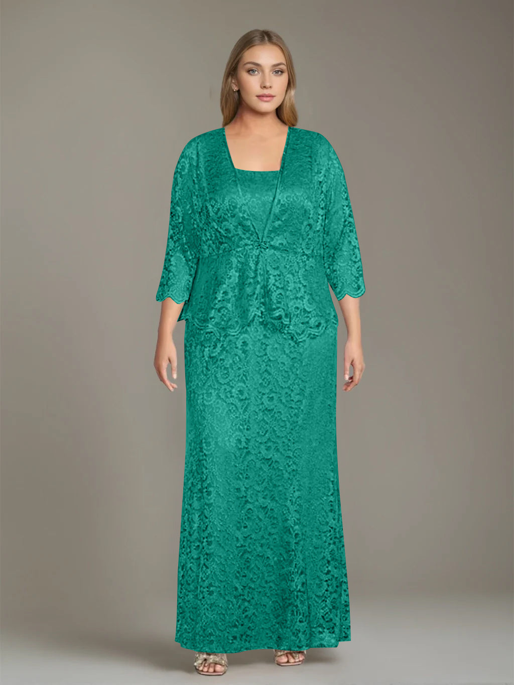 Sheath/Column Square Neck 3/4 Length Sleeves Floor-Length 2 Pieces Plus Size Mother of the Bride Dresses with Jacket - 이미지 43