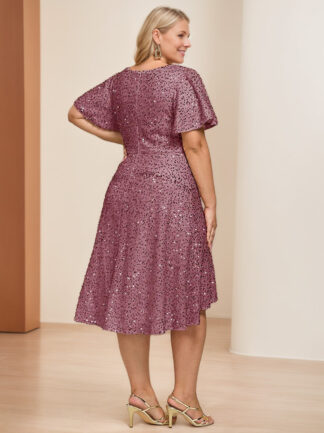 A-Line/Princess V-Neck Short Sleeves Asymmetrical Plus Size Mother Of The Bride Dresses with Sequins & Ruffles