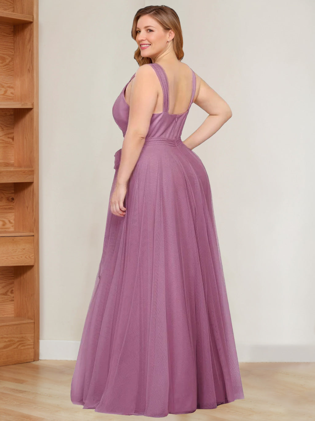 A-Line/Princess V-Neck Sleeveless Floor-Length Tulle Plus Size Mother of the Bride Dresses with Ruffles - Image 2