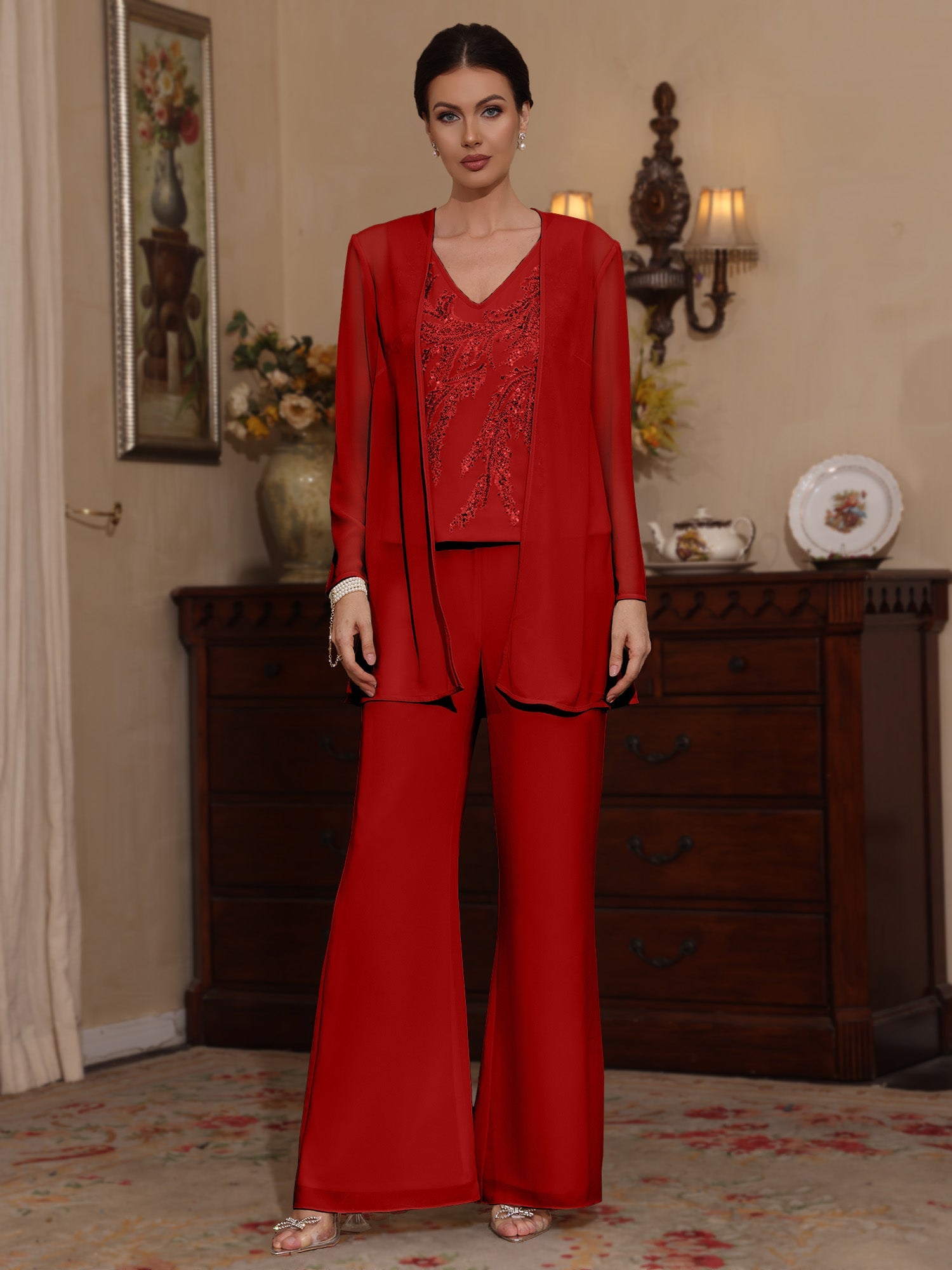 3 Pieces V-Neck Chiffon Mother of the Bride Pantsuits with Jacket Sequins Ankle-Length Long Sleeves - 이미지 6
