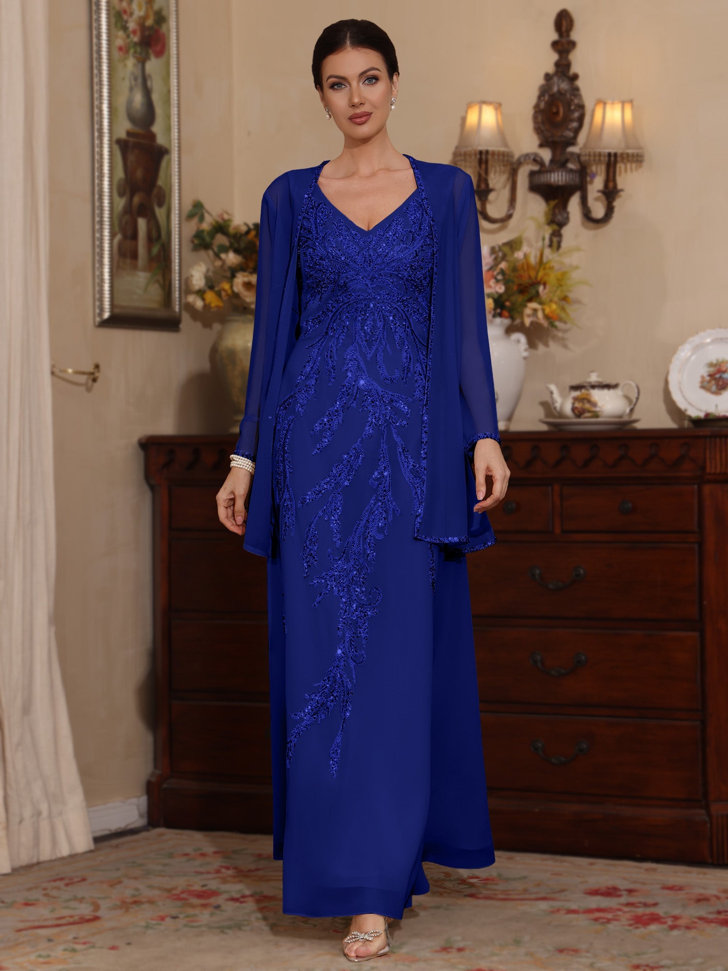 2 Pieces A-Line/Princess V-Neck Chiffon Mother of the Bride Dresses with Jacket Sequins Ankle-Length Long Sleeves - 이미지 15
