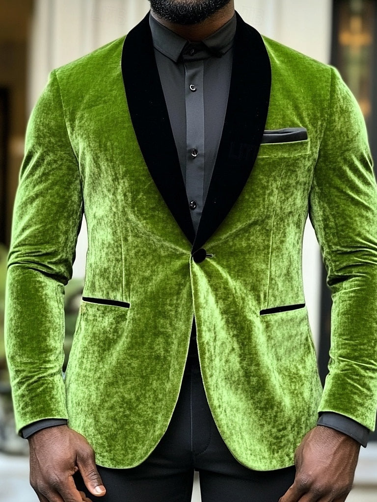 Green Men's Velvet Solid Colored Standard Fit Single Breasted One-button Blazer Jacket - 画像 (2)
