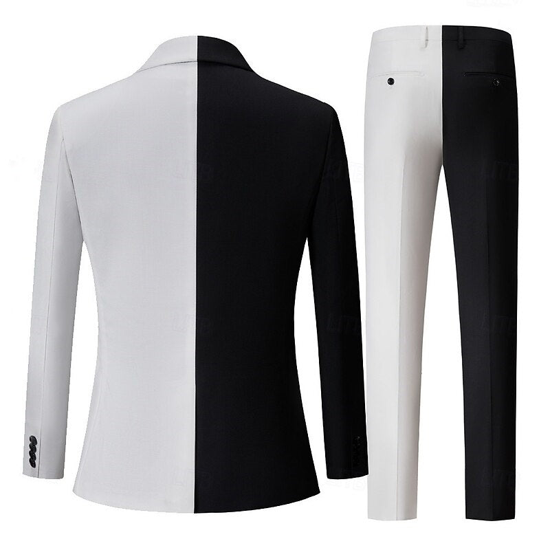 Men's Black White PatchworkPunk Fashion Standard Fit Single Breasted Party Prom Suits 2 Piece - 이미지 2