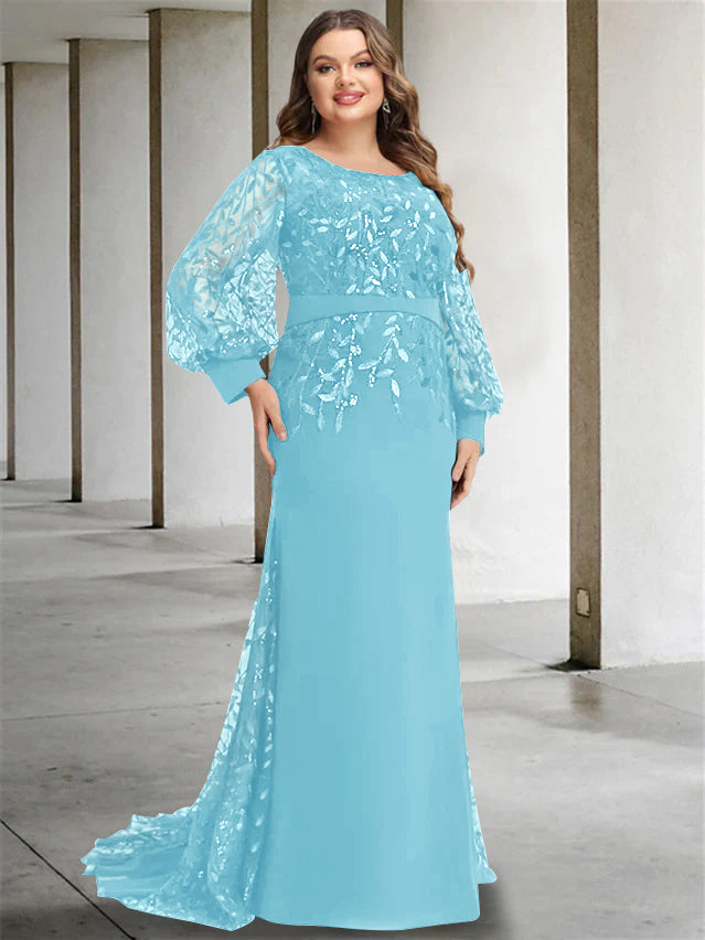 Mermaid/Trumpet Scoop Neck Long Sleeves Floor-Length Plus Size Mother of the Bride Dresses with Sequins - 画像 (4)