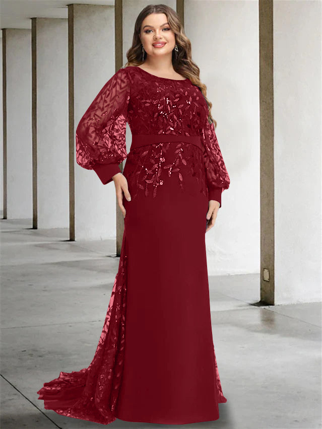 Mermaid/Trumpet Scoop Neck Long Sleeves Floor-Length Plus Size Mother of the Bride Dresses with Sequins - 画像 (5)
