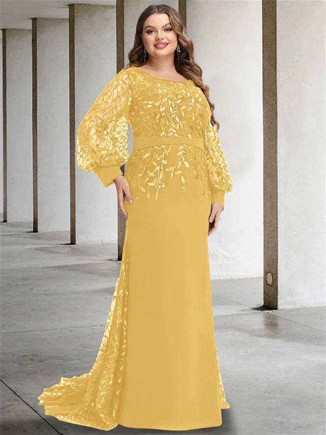 Mermaid/Trumpet Scoop Neck Long Sleeves Floor-Length Plus Size Mother of the Bride Dresses with Sequins - 画像 (22)