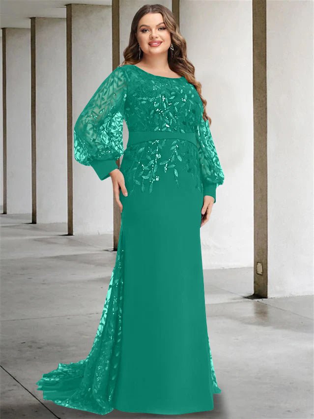 Mermaid/Trumpet Scoop Neck Long Sleeves Floor-Length Plus Size Mother of the Bride Dresses with Sequins - 画像 (27)