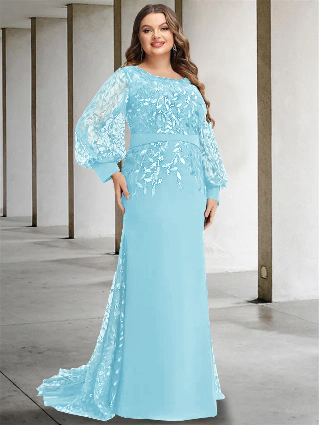 Mermaid/Trumpet Scoop Neck Long Sleeves Floor-Length Plus Size Mother of the Bride Dresses with Sequins - 画像 (28)
