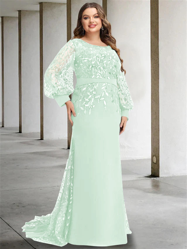 Mermaid/Trumpet Scoop Neck Long Sleeves Floor-Length Plus Size Mother of the Bride Dresses with Sequins - 画像 (31)