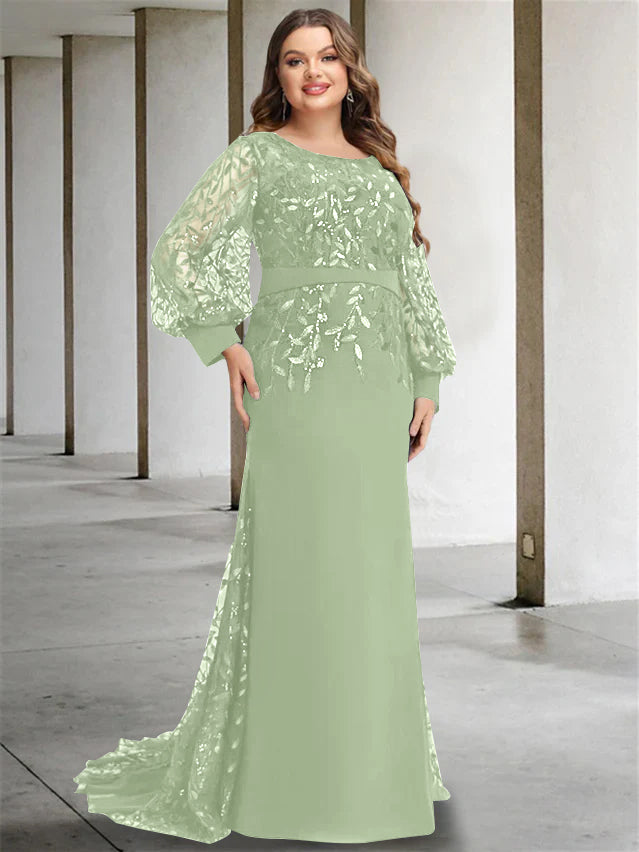 Mermaid/Trumpet Scoop Neck Long Sleeves Floor-Length Plus Size Mother of the Bride Dresses with Sequins - 画像 (44)
