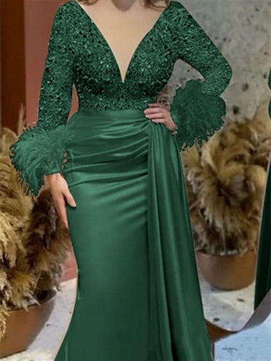 Mermaid/Trumpet V Neck Long Sleeve Court Train Mother of the Bride Dresses Satin with Feather Glitter Ruched - 이미지 3