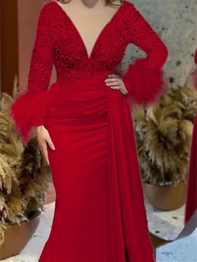 Mermaid/Trumpet V Neck Long Sleeve Court Train Mother of the Bride Dresses Satin with Feather Glitter Ruched - 이미지 6