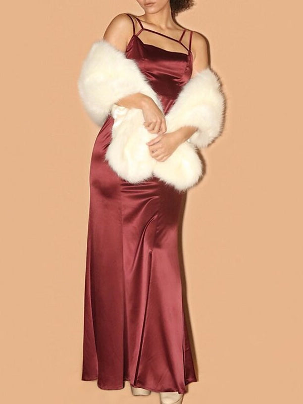 Wihte Faux Fur Wraps Shawls Women‘s Wrap Elegant Sleeveless Wedding Guest Wraps With Pure Color - 画像 (2)