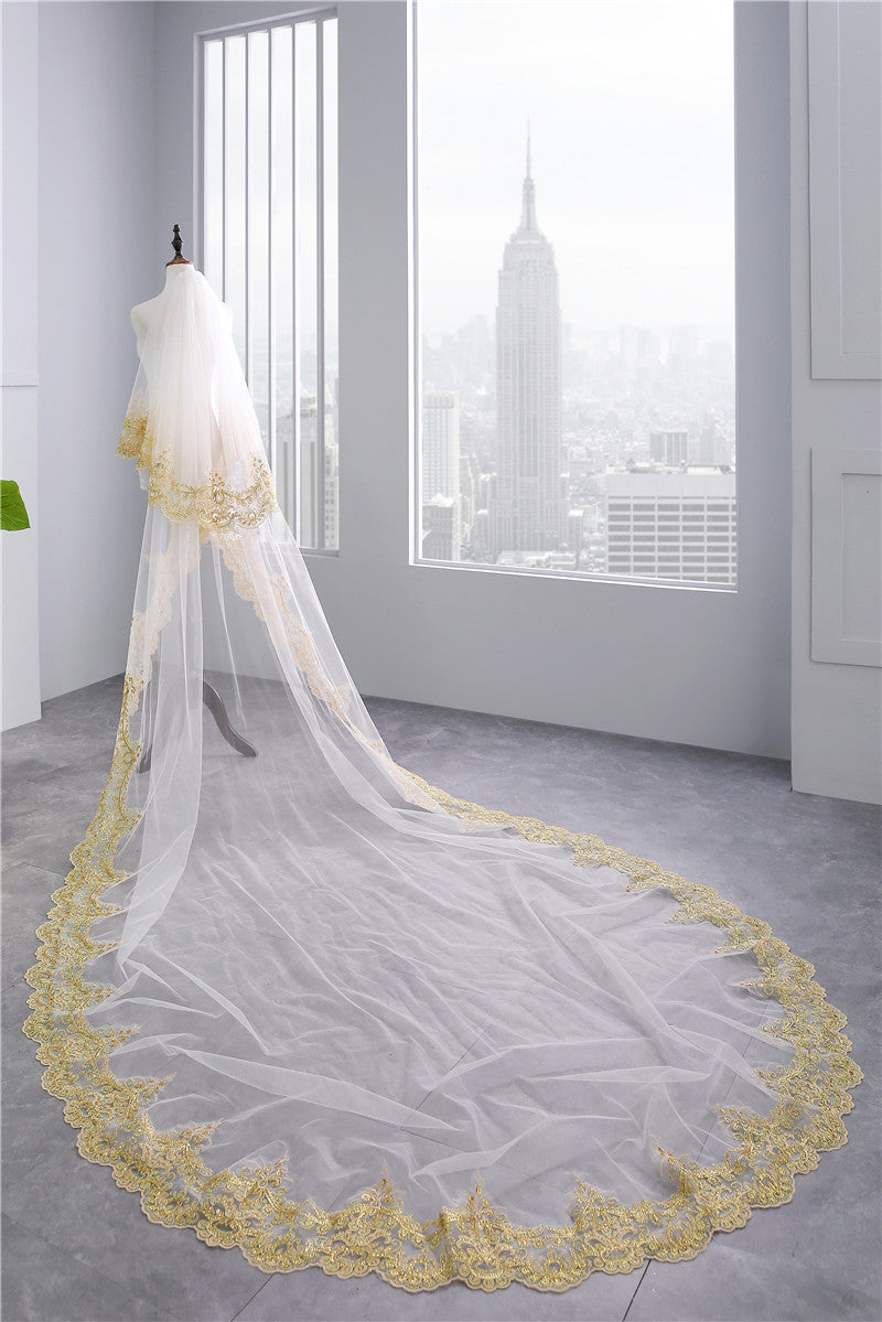 Two-tier Luxurious Wedding Veil with Golden Lace - Image 2