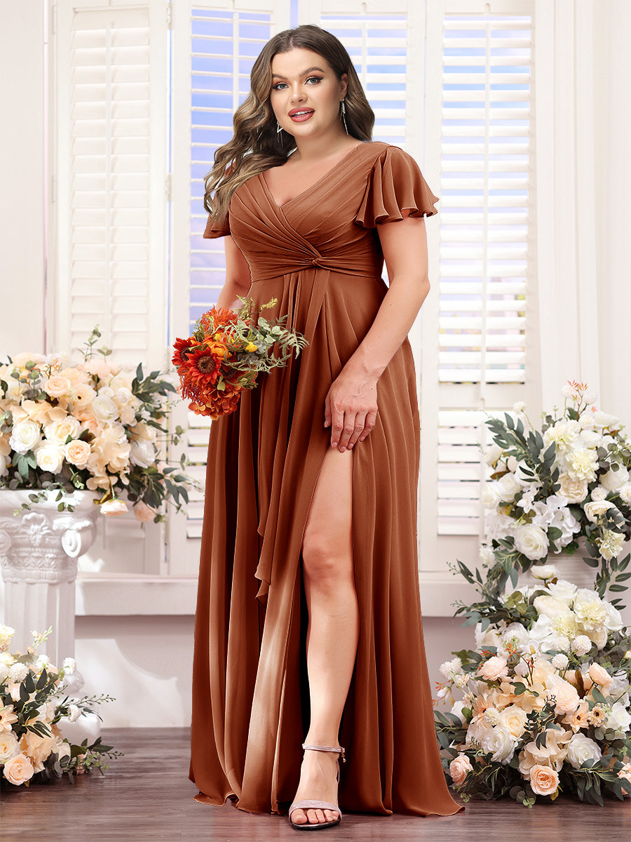 A-Line V-Neck Short Sleeves Split Side Chiffon Plus Size Bridesmaid Dresses - 이미지 8