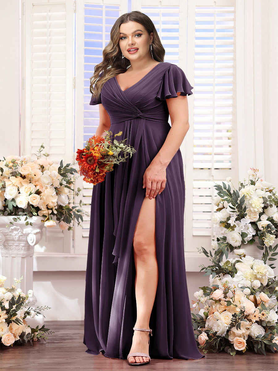 A-Line V-Neck Short Sleeves Split Side Chiffon Plus Size Bridesmaid Dresses - 이미지 53
