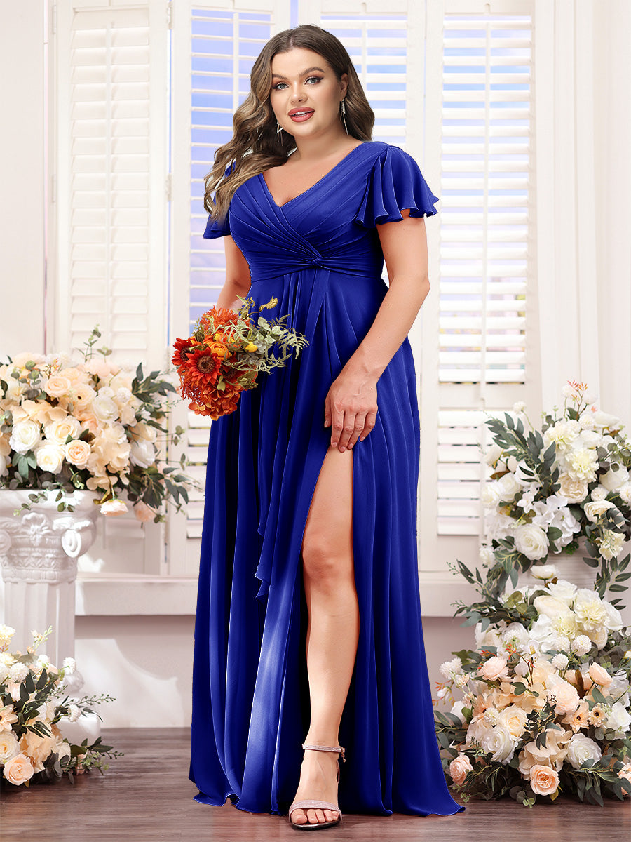 A-Line V-Neck Short Sleeves Split Side Chiffon Plus Size Bridesmaid Dresses - 이미지 56