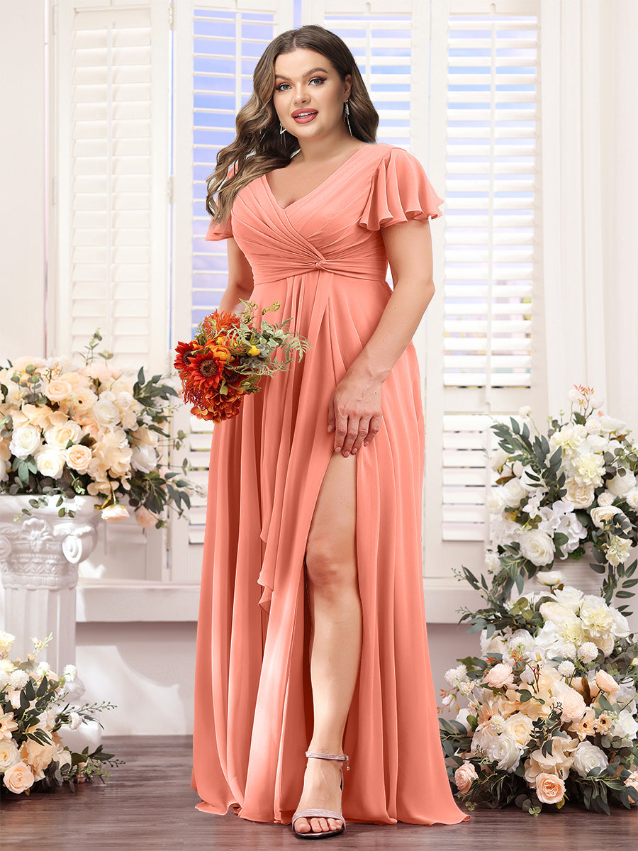 A-Line V-Neck Short Sleeves Split Side Chiffon Plus Size Bridesmaid Dresses - 이미지 59