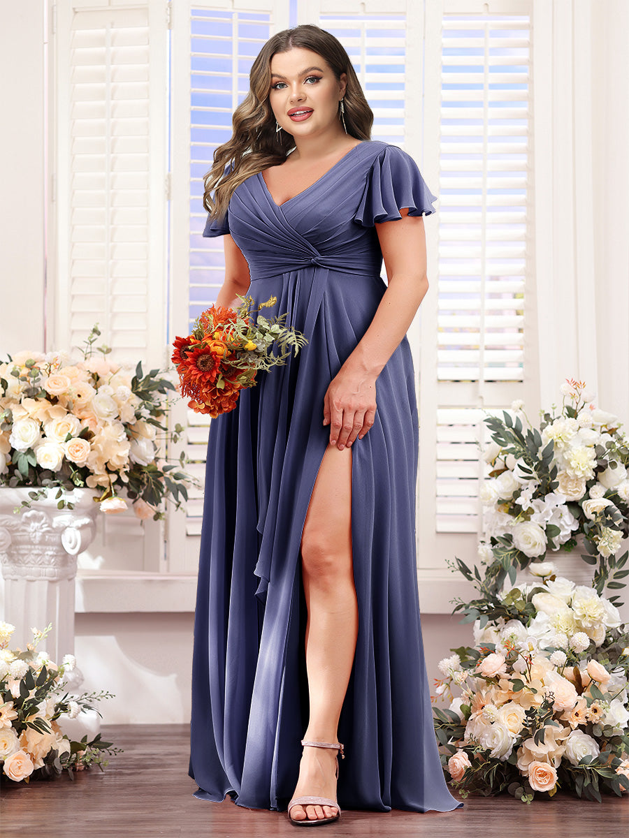 A-Line V-Neck Short Sleeves Split Side Chiffon Plus Size Bridesmaid Dresses - 이미지 65
