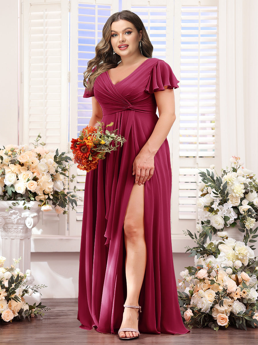 A-Line V-Neck Short Sleeves Split Side Chiffon Plus Size Bridesmaid Dresses - 이미지 70