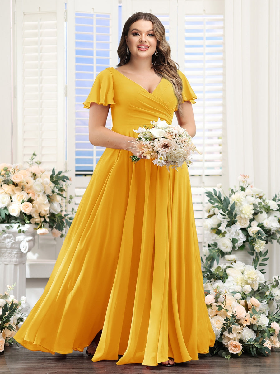 A-Line V-Neck Short Sleeves Split Side Ruched Chiffon Plus Size Bridesmaid Dresses - Image 23