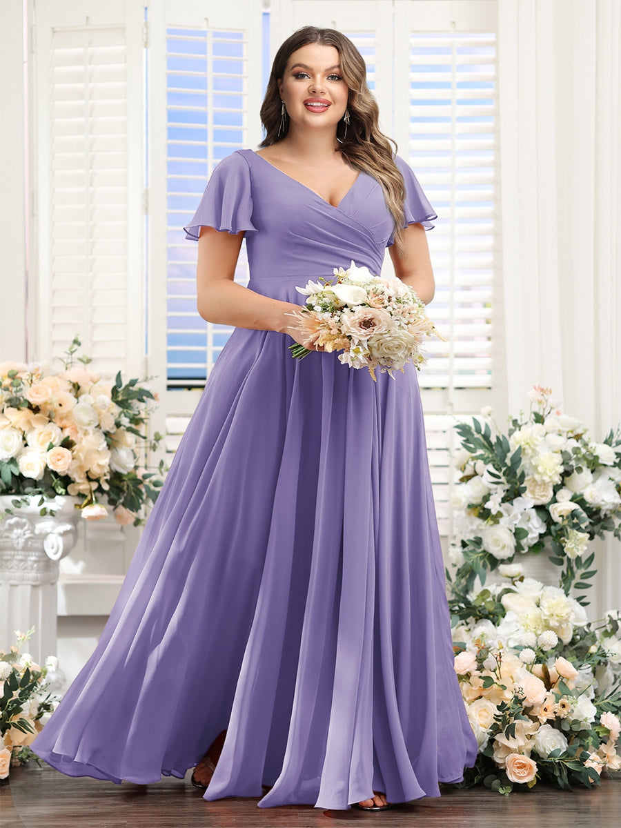 A-Line V-Neck Short Sleeves Split Side Ruched Chiffon Plus Size Bridesmaid Dresses - Image 71