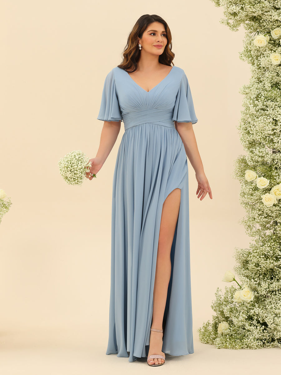 A-Line V-Neck Half Sleeves Plus Size Chiffon Bridesmaid Dresses With Split Side - 이미지 3