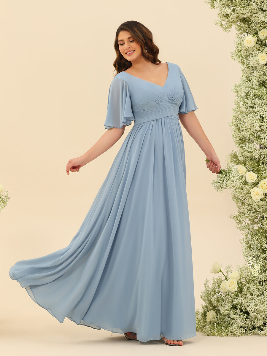 A-Line V-Neck Half Sleeves Plus Size Chiffon Bridesmaid Dresses With Split Side - 이미지 4