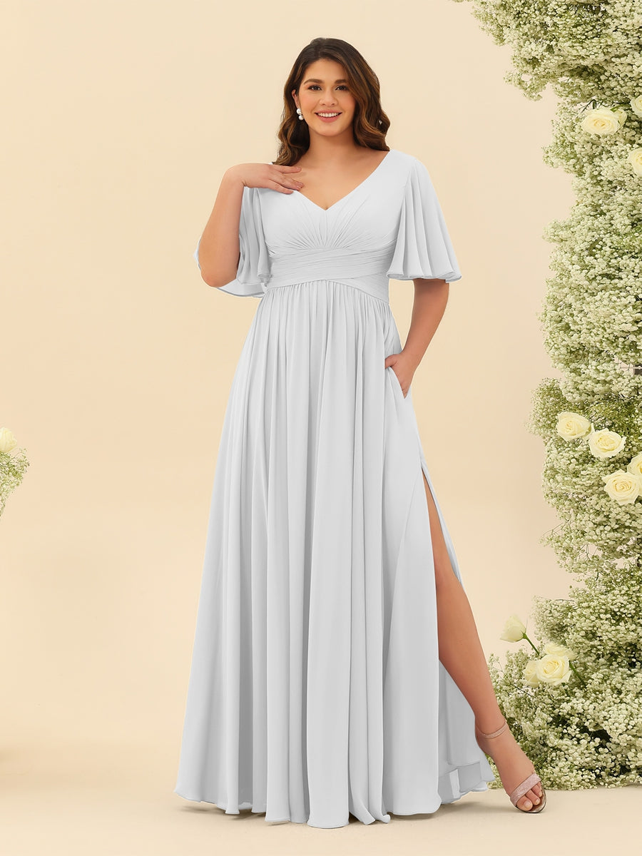 A-Line V-Neck Half Sleeves Plus Size Chiffon Bridesmaid Dresses With Split Side - 이미지 17