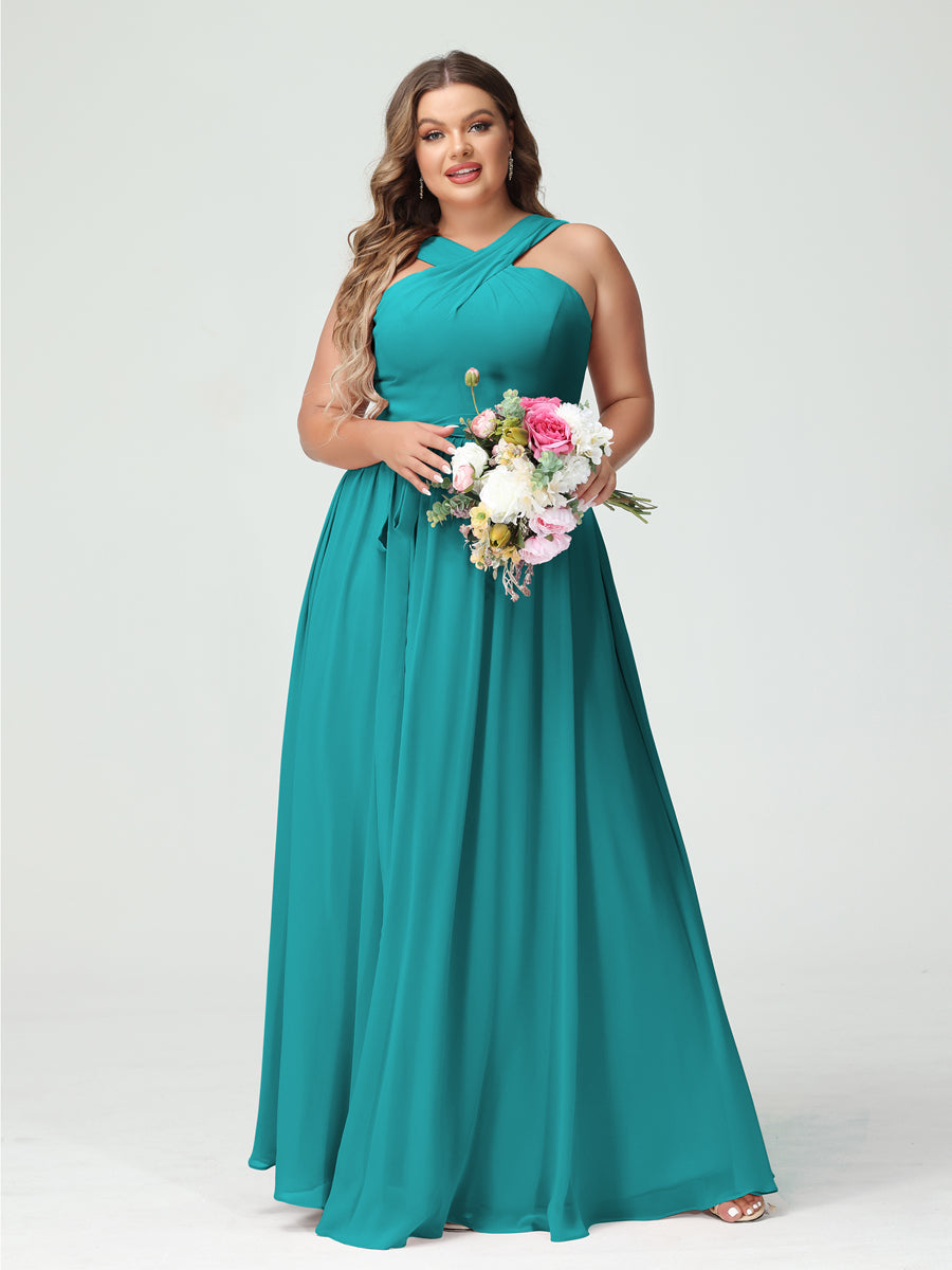 A-Line/Princess Criss Cross Sleeveless Chiffon Plus Size Bridesmaid Dresses with Sash - Image 52